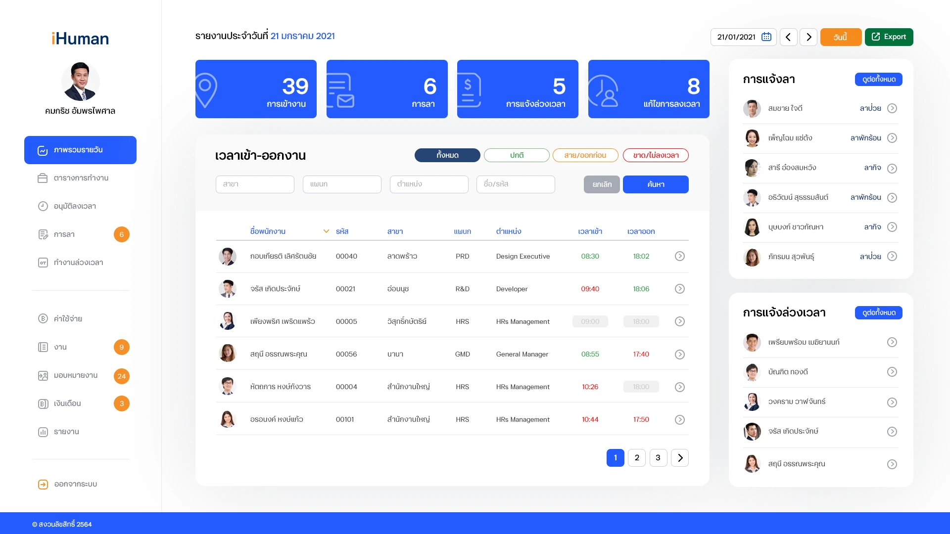 iHuman manager web dashboard showing attendance records and approval queue